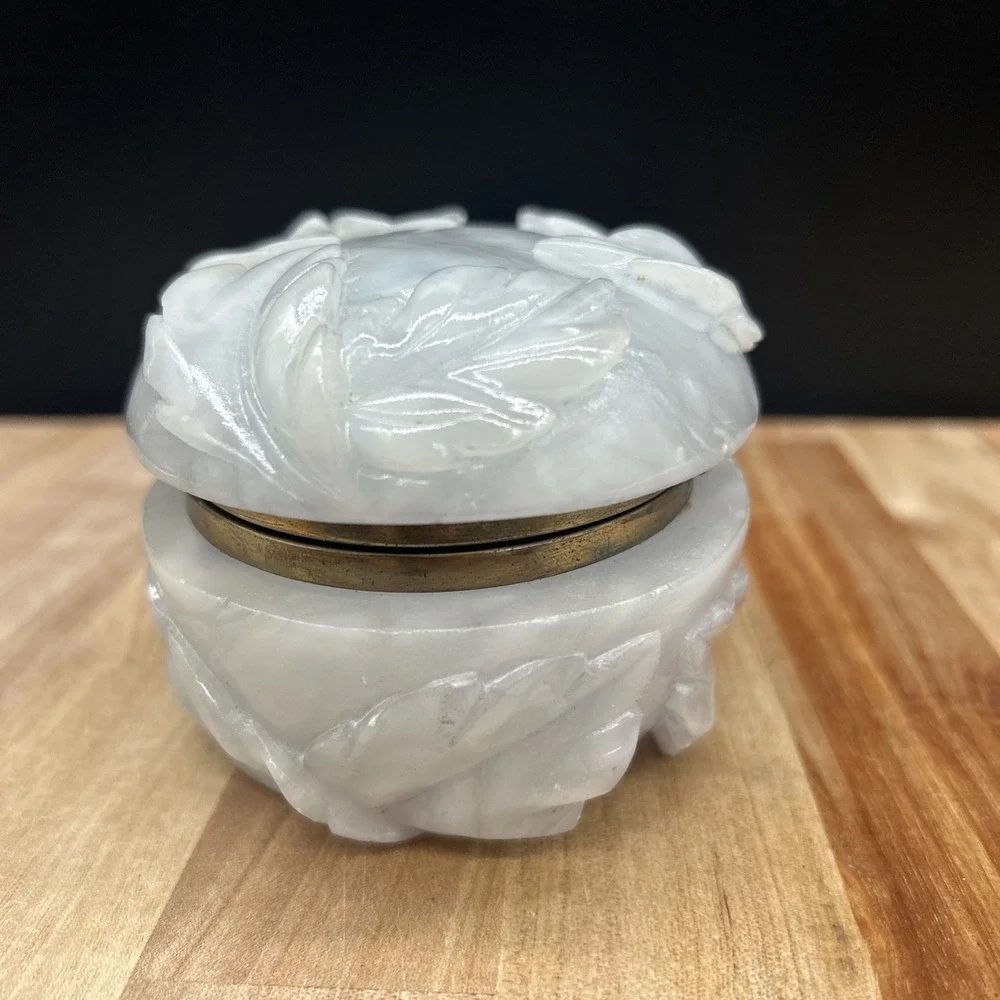 Vintage alabaster Trinket Box With Hinged Lid Carved Stone